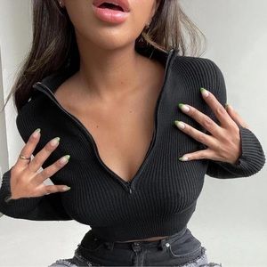 Black Ribbed Quarter Zip Crop